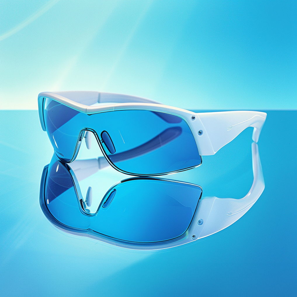 Packshot d'une lunette de sport blanche à verre bleu sur surface réfléchissante