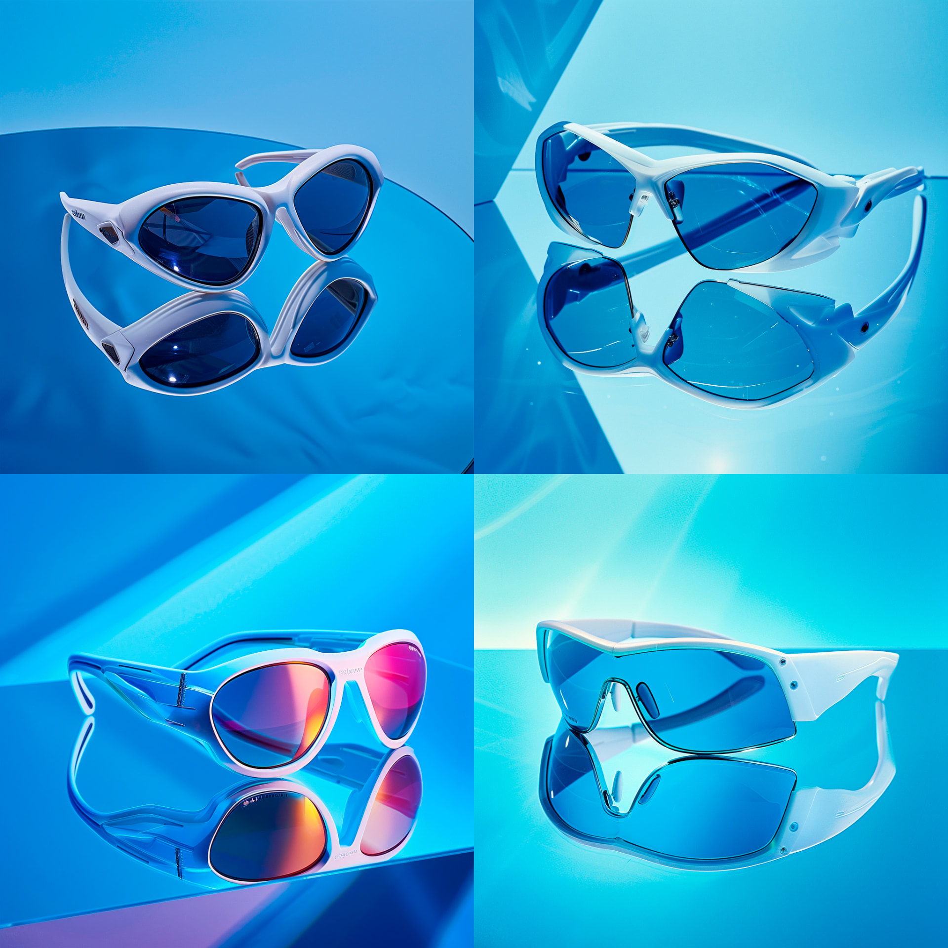 Packshot de lunettes de soleil cat eye blanches à verres bleu-violet en décor hivernal