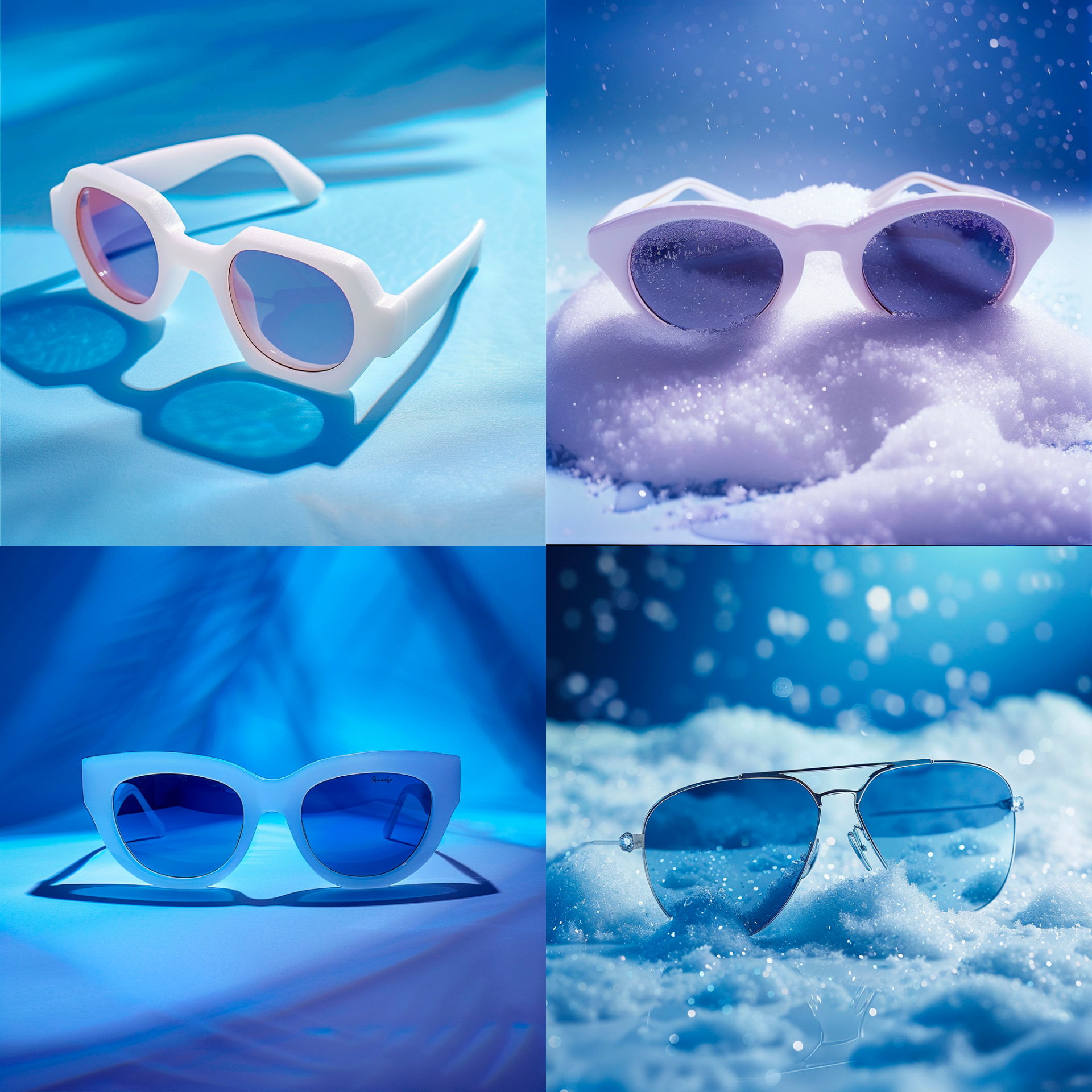 Packshot eyewear : lunettes de soleil sport blanches à verres bleus sur fond clair