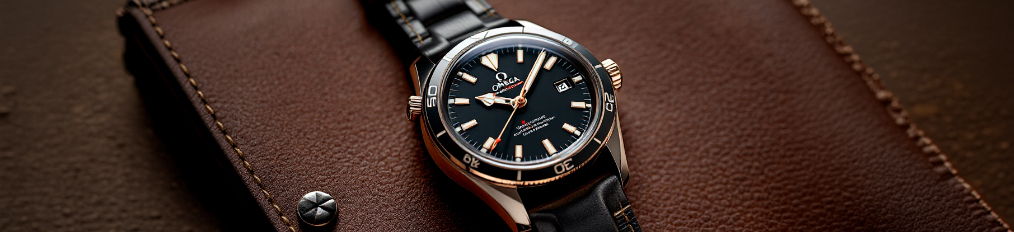 Photographe publicitaire Studio Emergence : montre Omega de luxe photographiée sur cuir, bannière panoramique