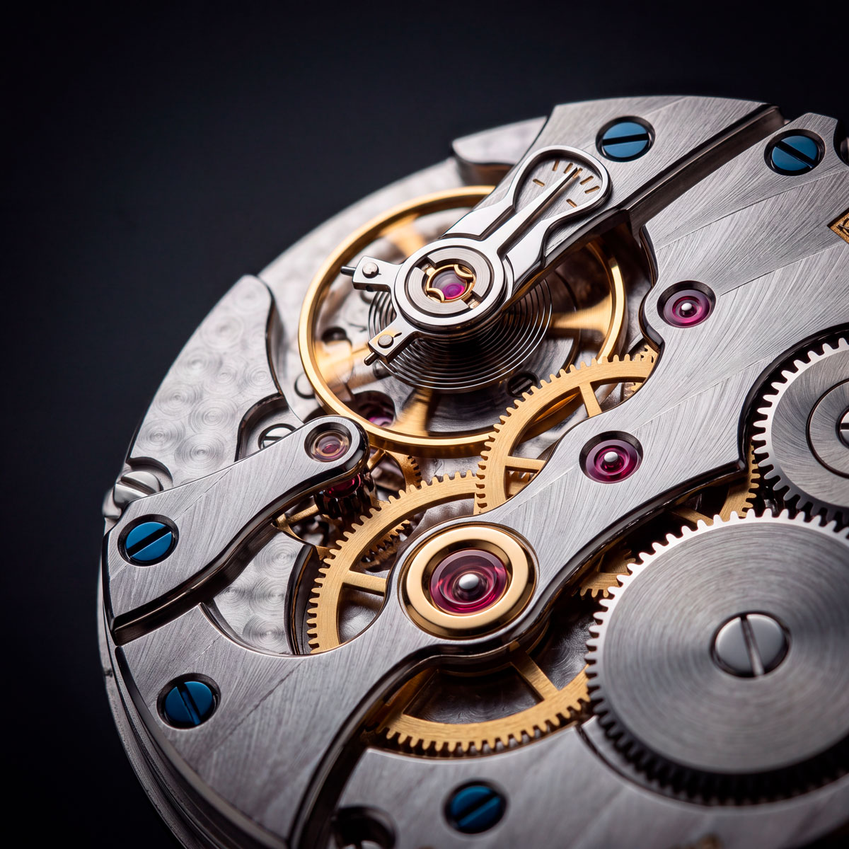 Photographie horlogère : macro d'un mouvement mécanique de montre de luxe
